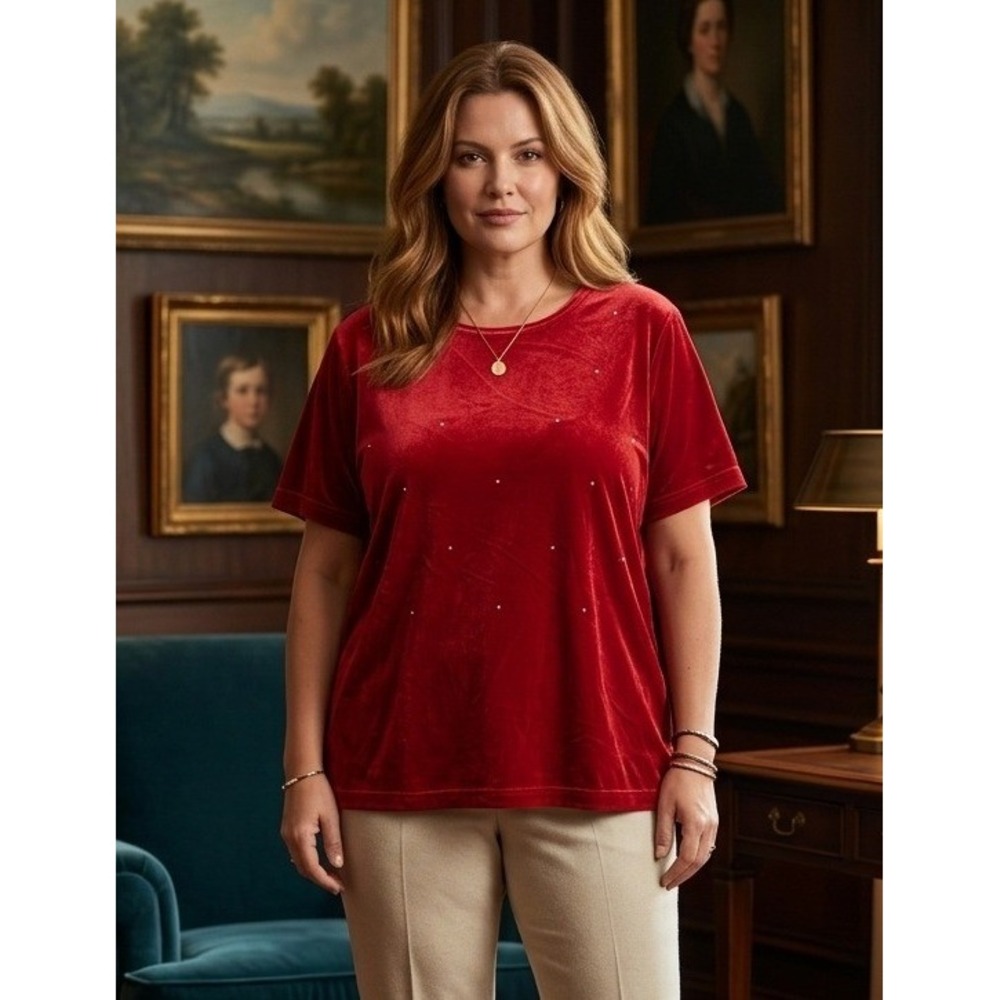 Quacker Factory Velvet Rhinestone Short Sleeve Top Womens 1X Red Festive Holiday